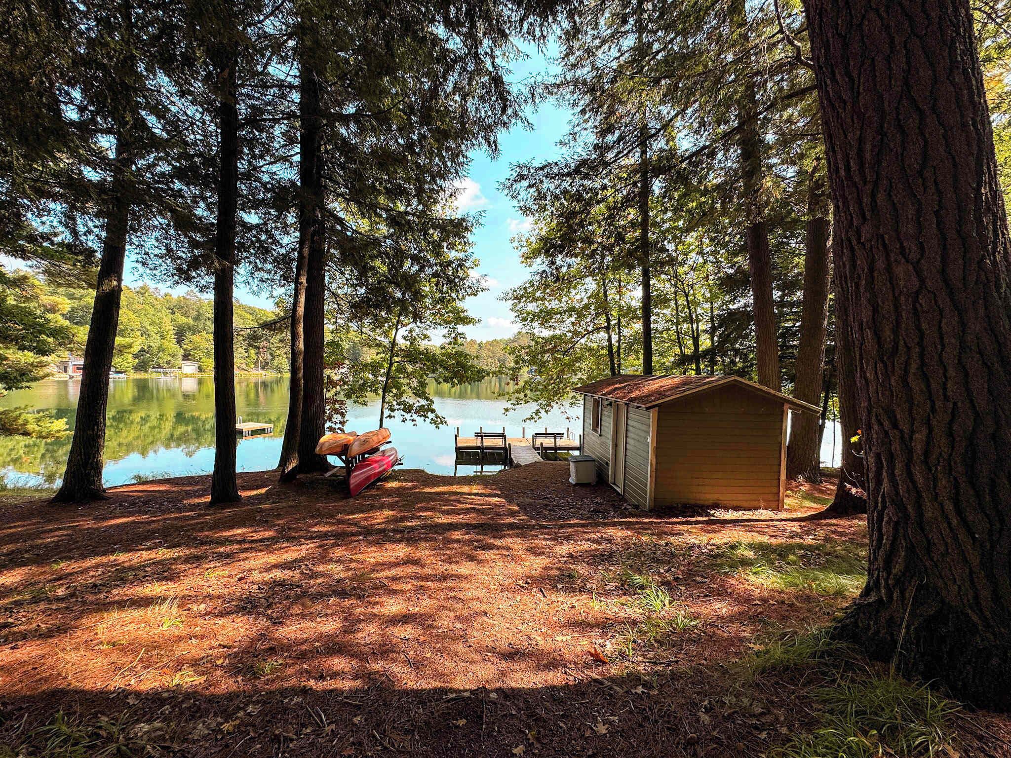 A lakeside cabin with a dock, surrounded by tall trees and a clear view of the lake.