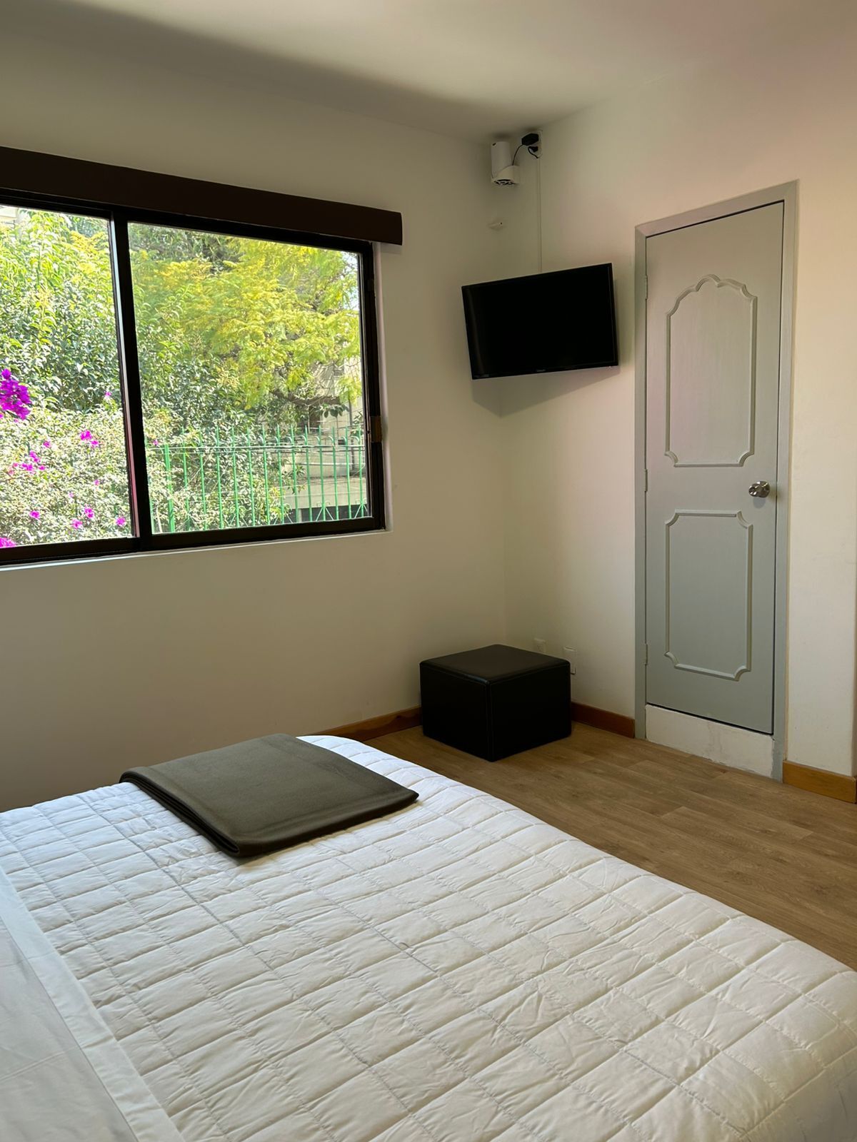 Quarto com cama, janela com vista para vegetação, televisão presa na parede e porta.