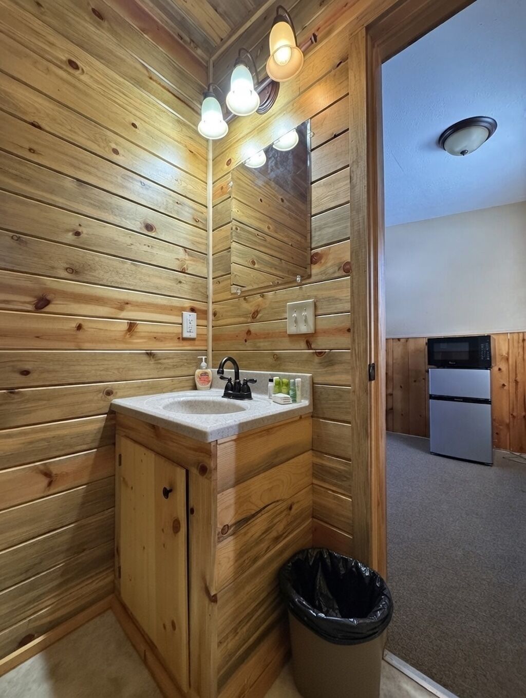 A wooden-paneled bathroom with a sink, mirror, and overhead lighting.