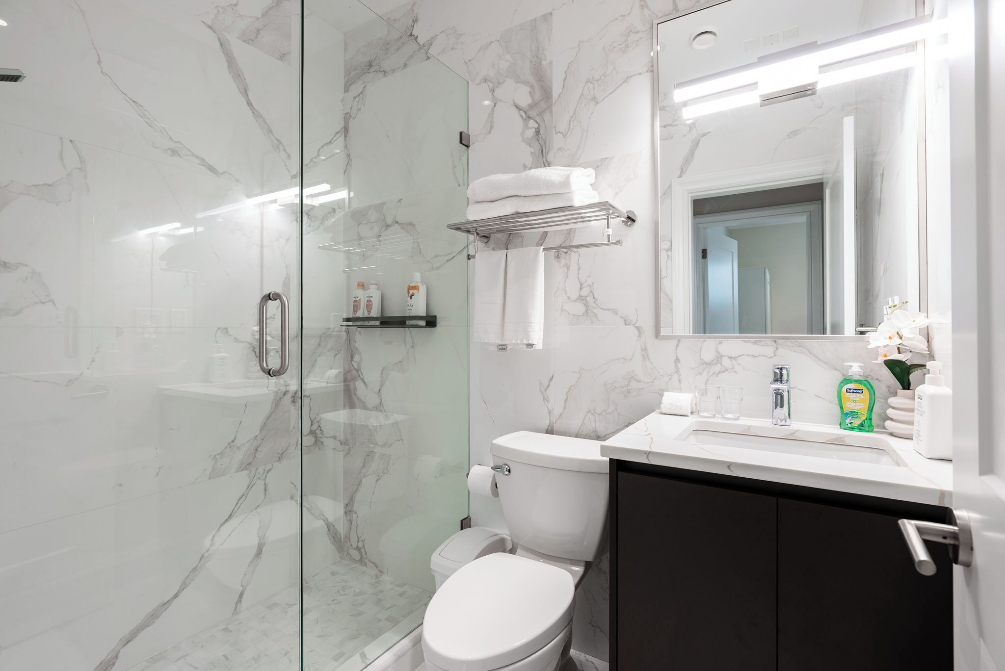Shower, hair dryer, towels, soap