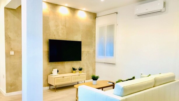 Een moderne woonkamer met een beige bank, een flatscreen televisie aan de muur, een klein tafeltje met een bloempot, en een raam met gordijnen.