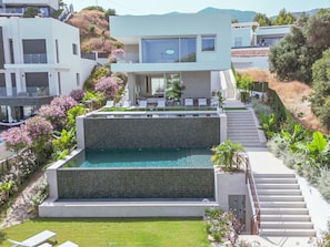 Ein modernes, zweistöckiges Haus mit einem großen rechteckigen Pool, einer Treppe, die zum oberen Stockwerk führt, und einem gepflegten Garten mit rosa Blumen und Grünpflanzen.