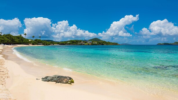 A beach with clear turquoise water, a large rock in the foreground, and a building with a blue roof on a hill in the background. - Oceanfront, Sapphire Beach, Pool, 2 bedrooms, 2 bath (St. Thomas)