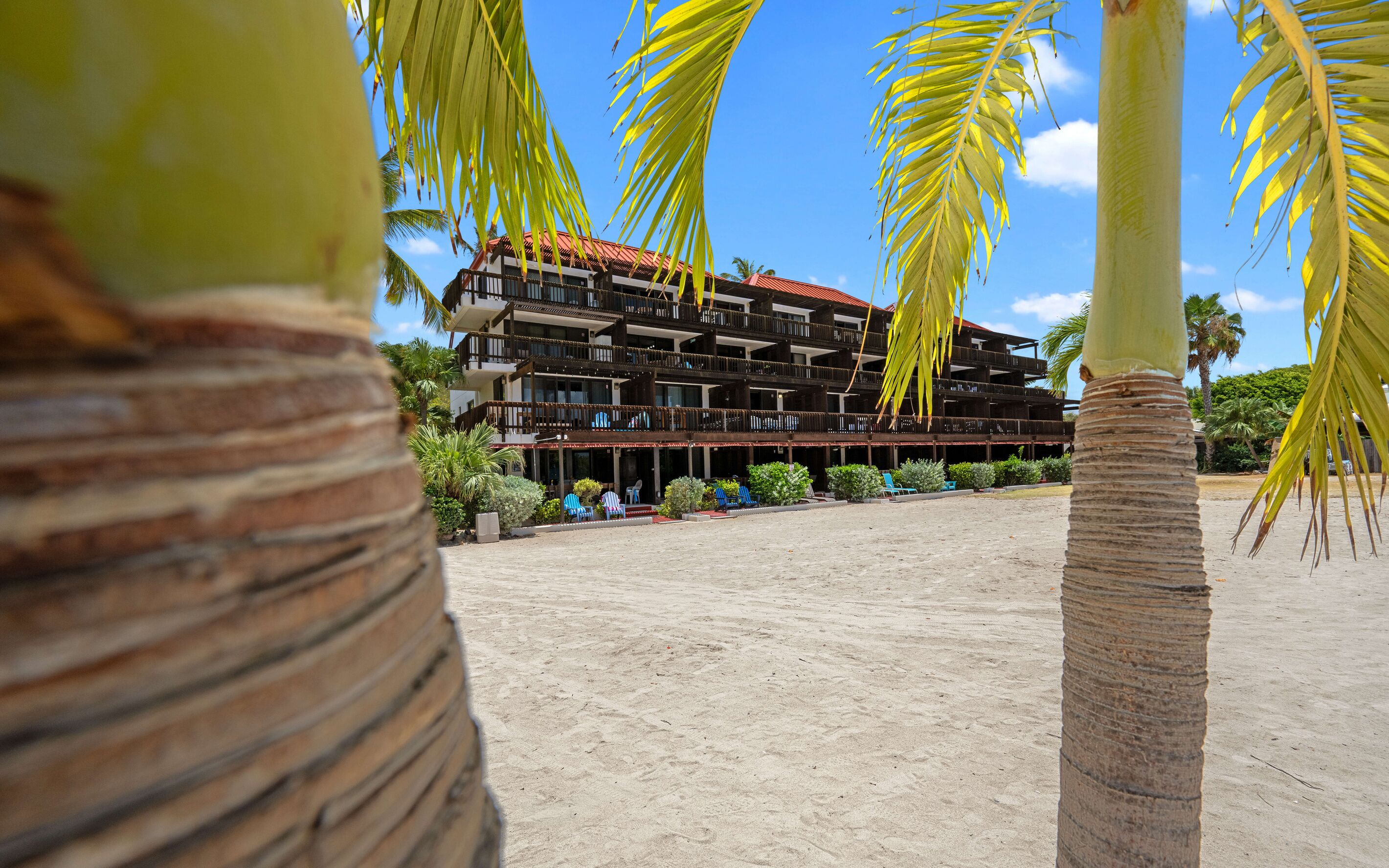 Un hotel frente a la playa con varios balcones, una playa de arena y palmeras.