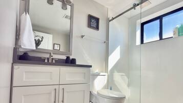 Shower, hair dryer, towels, soap