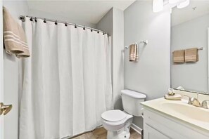 Hair dryer, towels, soap, toilet paper