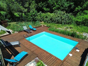 En rektangulær swimmingpool med træterrasse, omgivet af grøn vegetation.