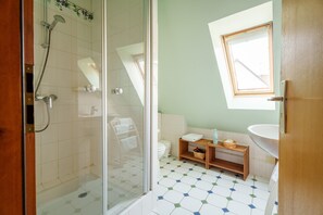 Douche, séchoir à cheveux, serviettes fournies
