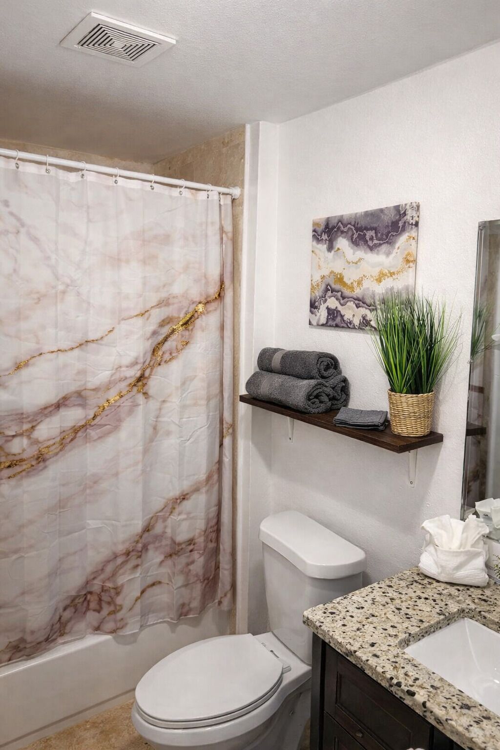 Hair dryer, towels, soap, shampoo