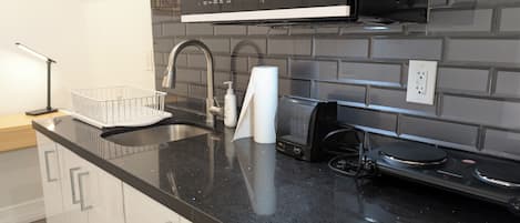 Fridge, microwave, stovetop, electric kettle