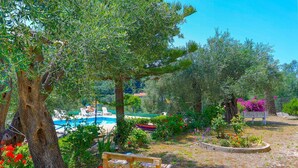 A garden with a wooden bench, a swimming pool, and a boat. - Corfu apartment with shared pool near Saint Spyridon beach (Saint Spyridon)