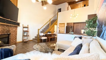 Smart TV, fireplace, foosball