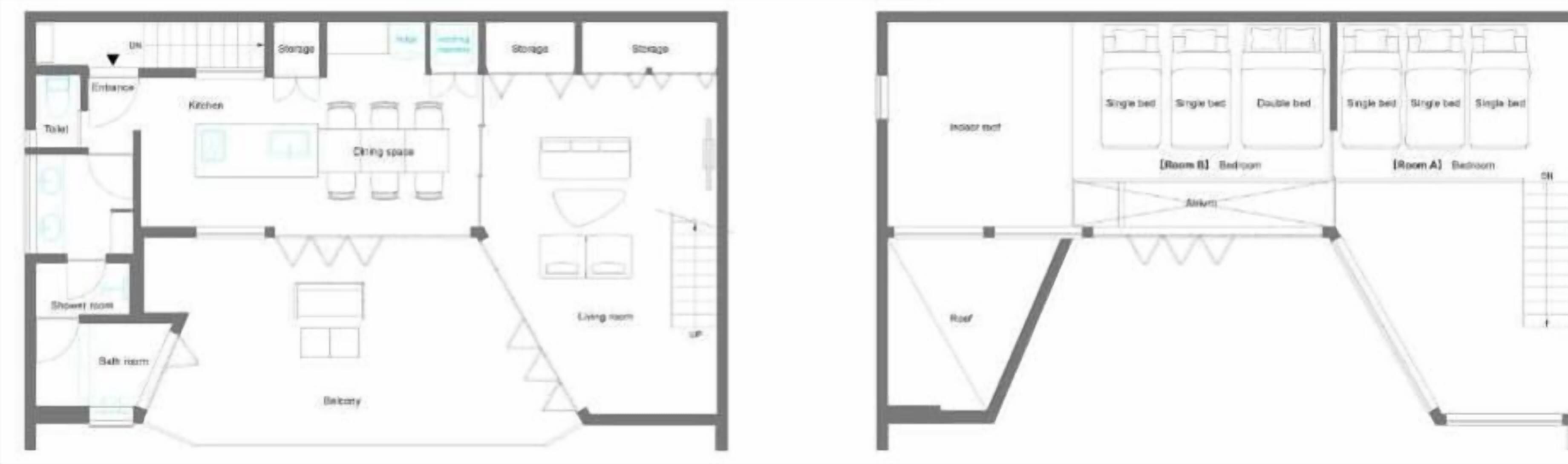 A floor plan of a hotel with a kitchen, dining area, bathroom, and multiple bedrooms.