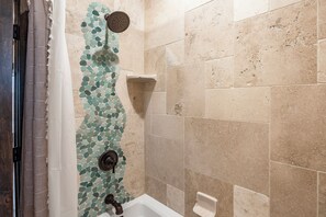 Shower, eco-friendly toiletries, hair dryer, towels