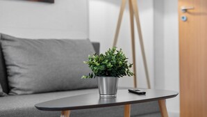 A modern living room with a grey sofa, a small table with a potted plant, a lamp, and a remote control. - Central | Kitchen | WLAN | 58 sqm (Solingen)