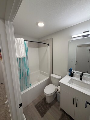 Hair dryer, bidet, towels, soap