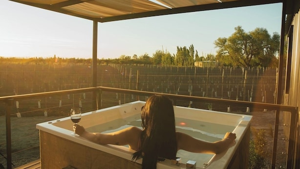 Una persona relajándose en un jacuzzi con una copa de vino, con vistas a un viñedo.