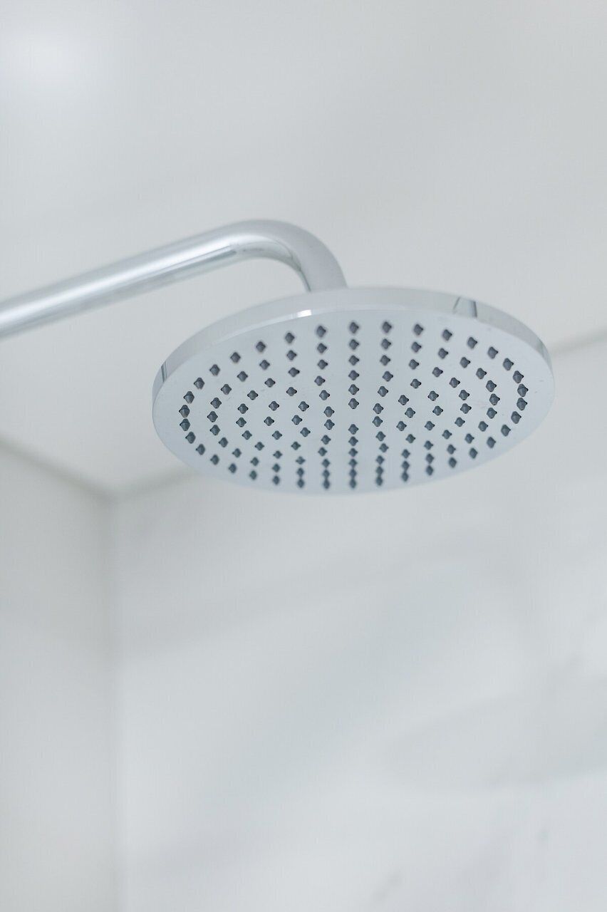 Et brusehoved med et cirkulært design og et metalgreb.