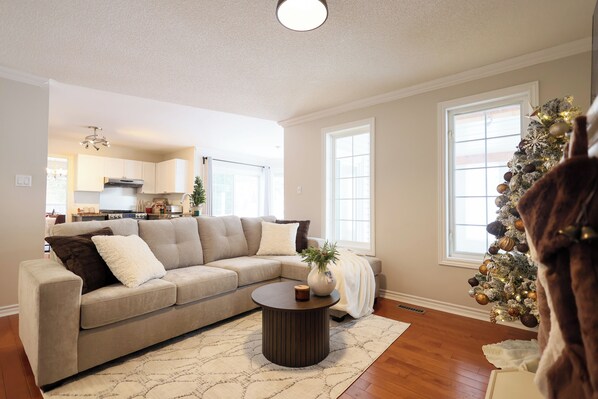 Smart TV, fireplace, foosball