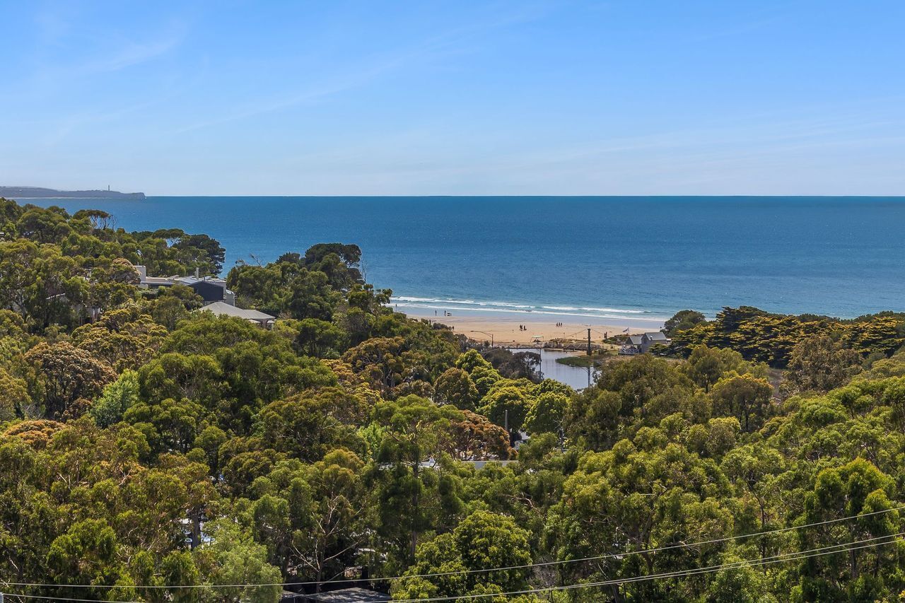 A coastal landscape with dense greenery, a beach, and a clear sky.