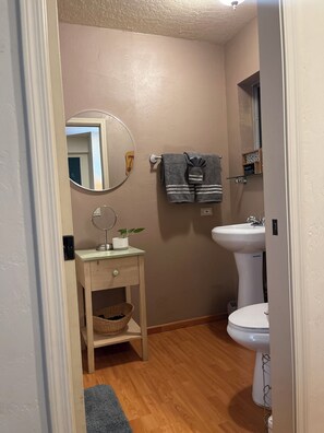 Hair dryer, towels, soap, shampoo