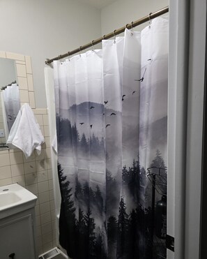 Secadora de cabello, toallas, jabón, papel de baño 