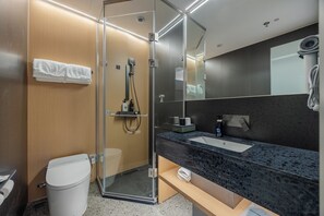 Basic Double Room Single Use, City View | Bathroom | Shower, hair dryer, slippers, towels - FF Designer Hotel Guomao Jianguomen (Beijing)