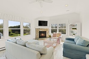TV, fireplace, offices