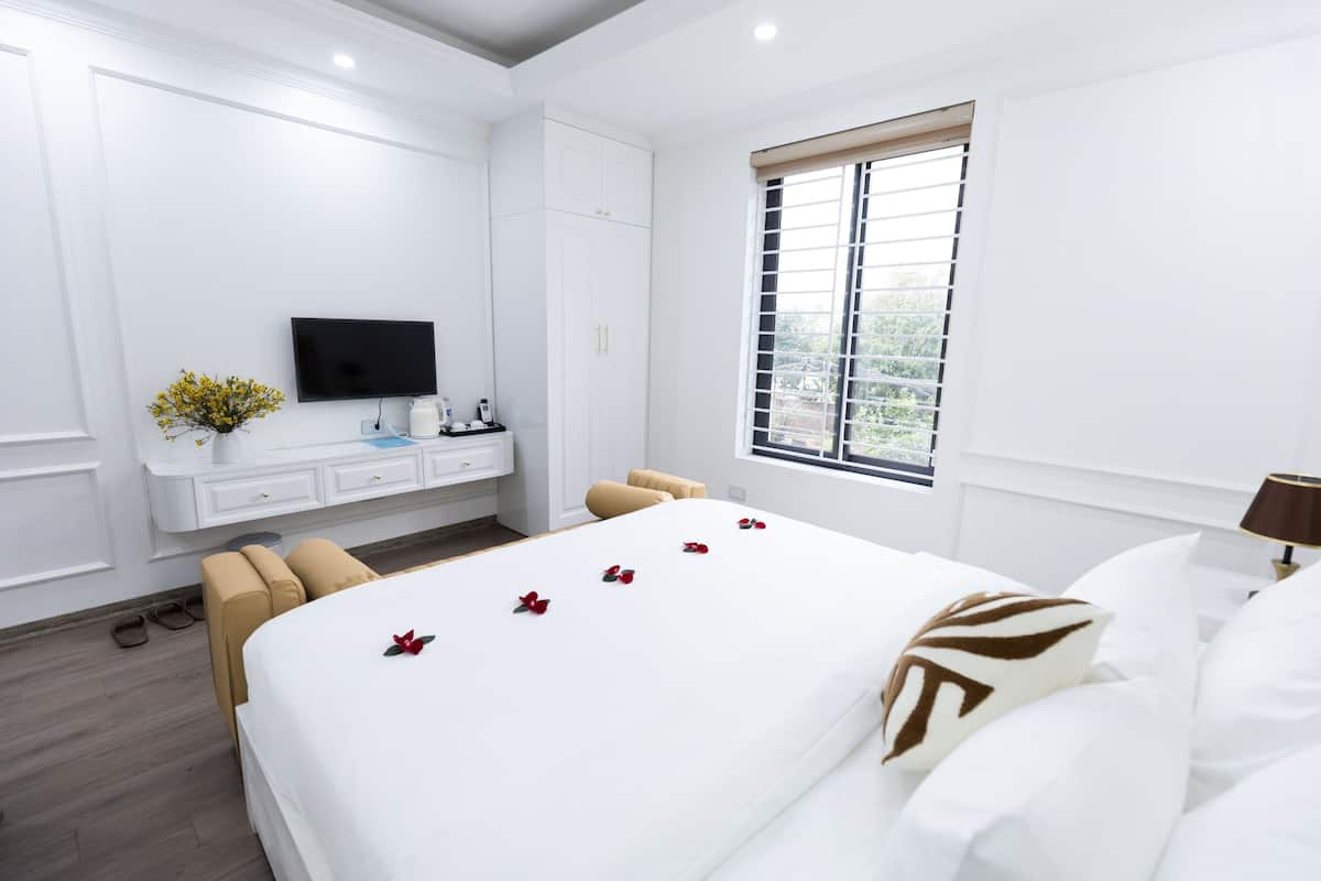 Une chambre d’hôtel avec un lit, une télévision, une fenêtre, un bureau et une chaise.