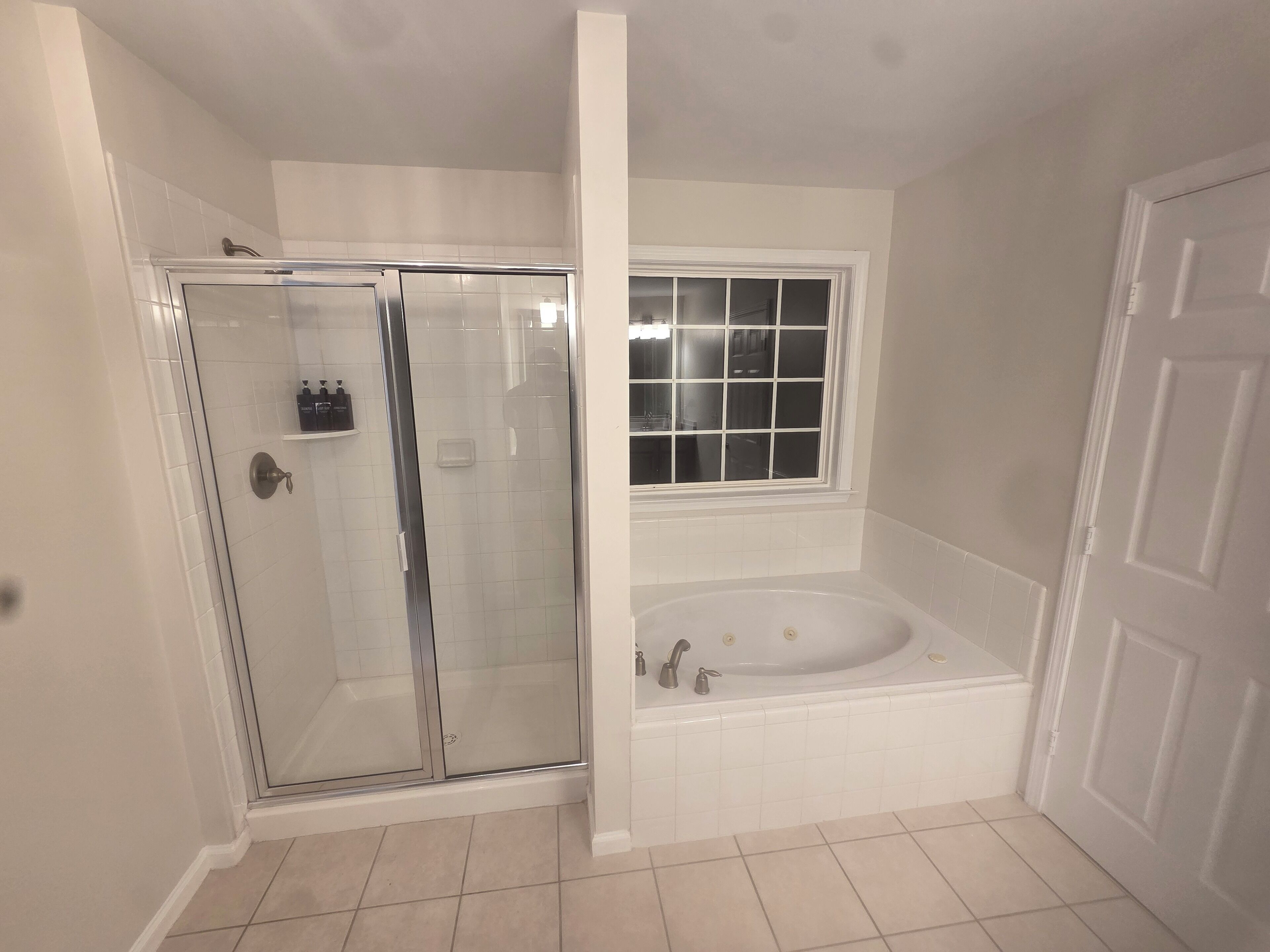 Shower, jetted bath, hair dryer, towels