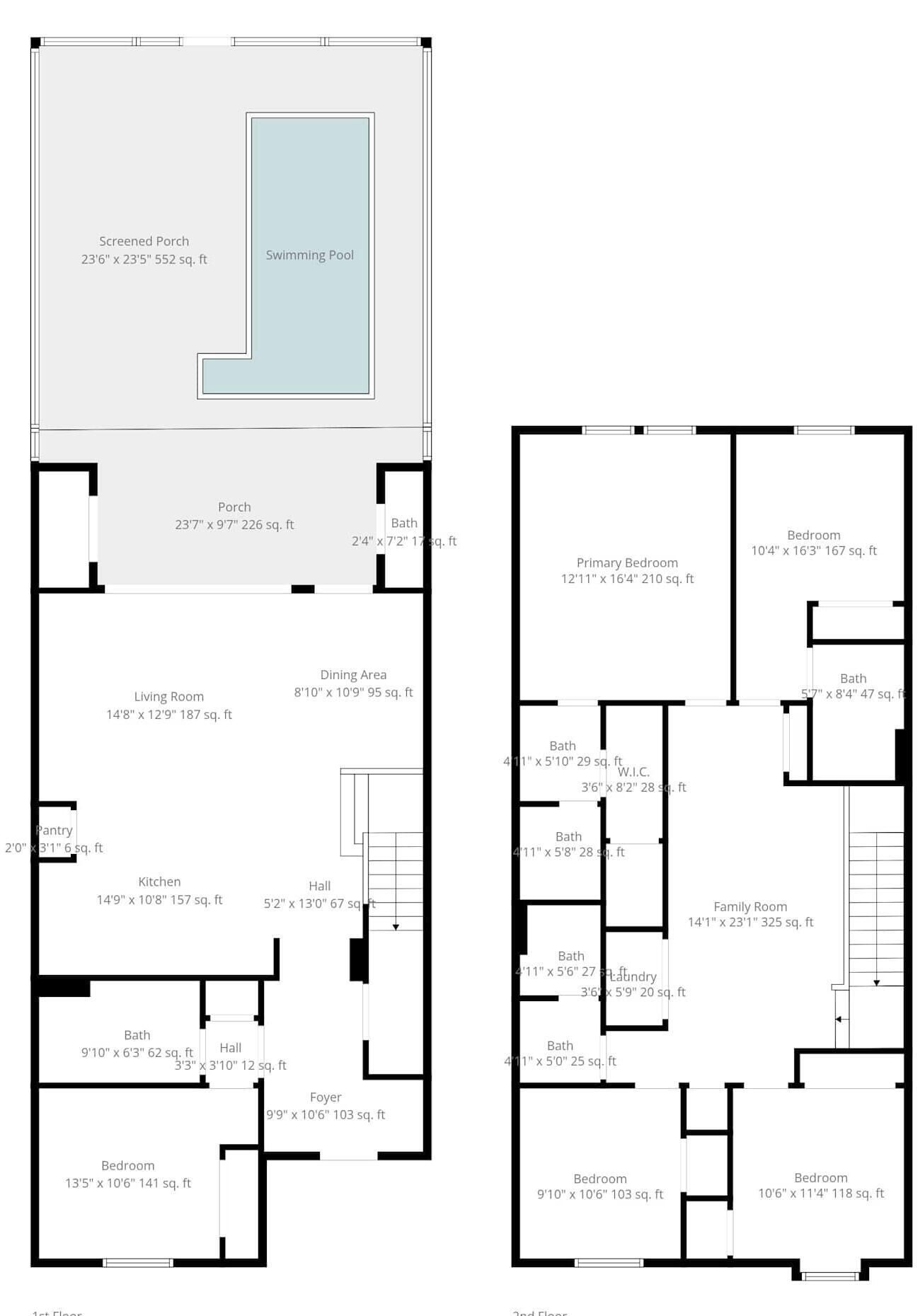 Ein Grundriss eines Hauses mit einem Moskitonetz-veranda, Schwimmbad und verschiedenen Räumen, darunter ein Wohnzimmer, eine Essecke, eine Küche und mehrere Schlafzimmer.