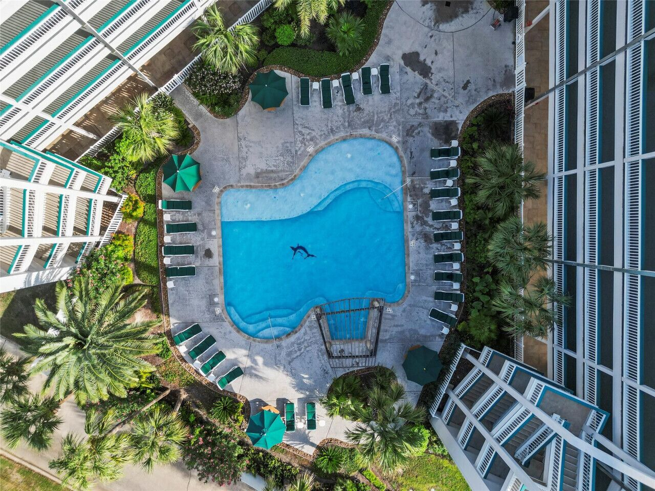An aerial view of a hotel with a swimming pool, lounge chairs, and palm trees.