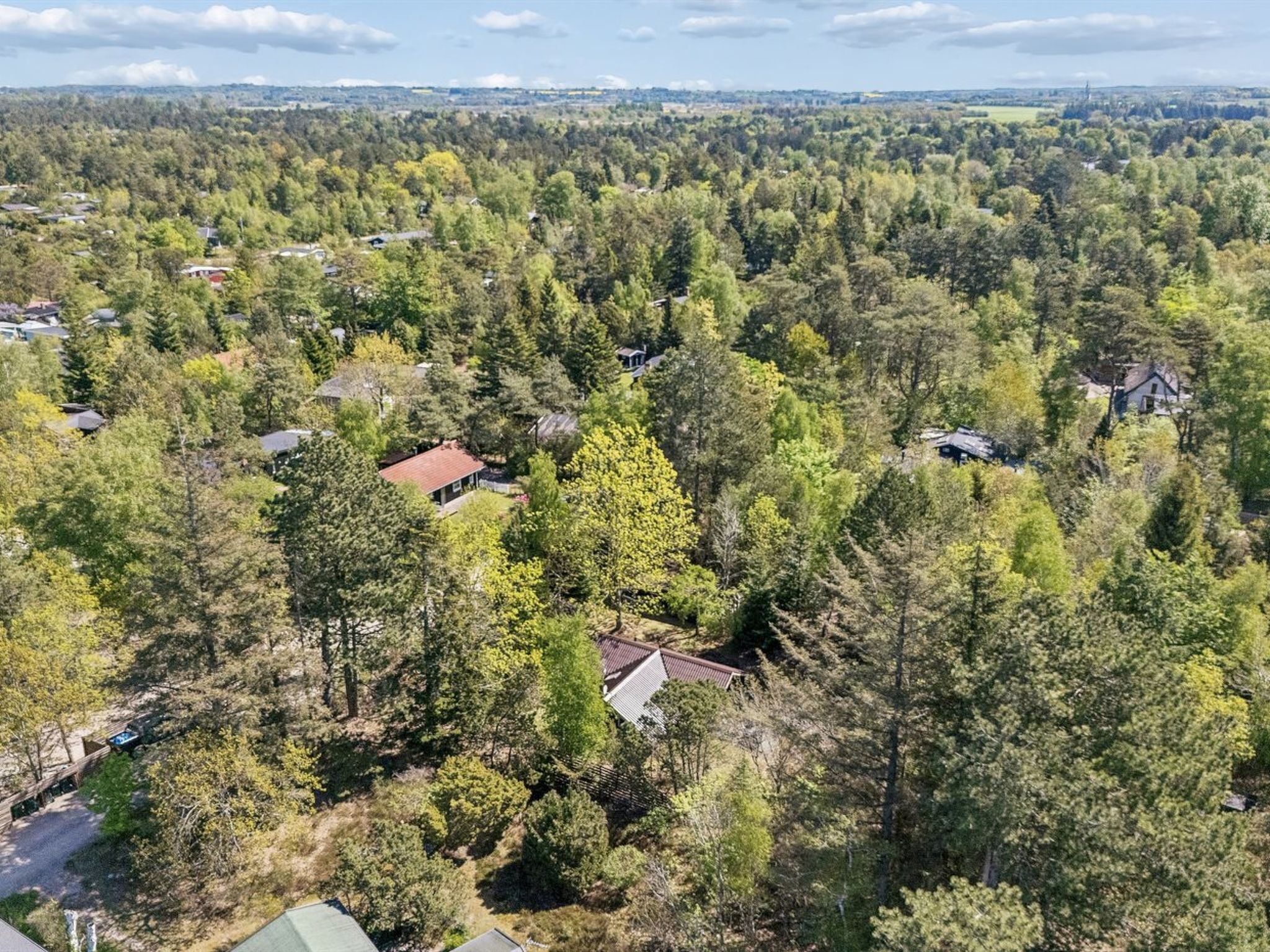 Ett bostadsområde med hus omgivna av tät skog.