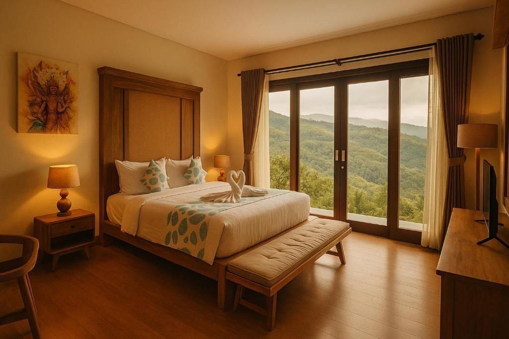 Un dormitorio amplio con una cama grande, un banco, un escritorio y vistas a las montañas desde la ventana.
