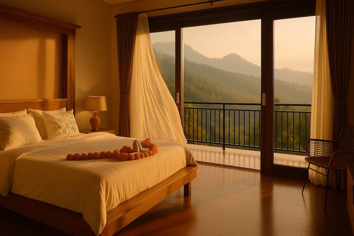 A large bed with a canopy, a bedside table with a lamp, and a view of mountains through a balcony.