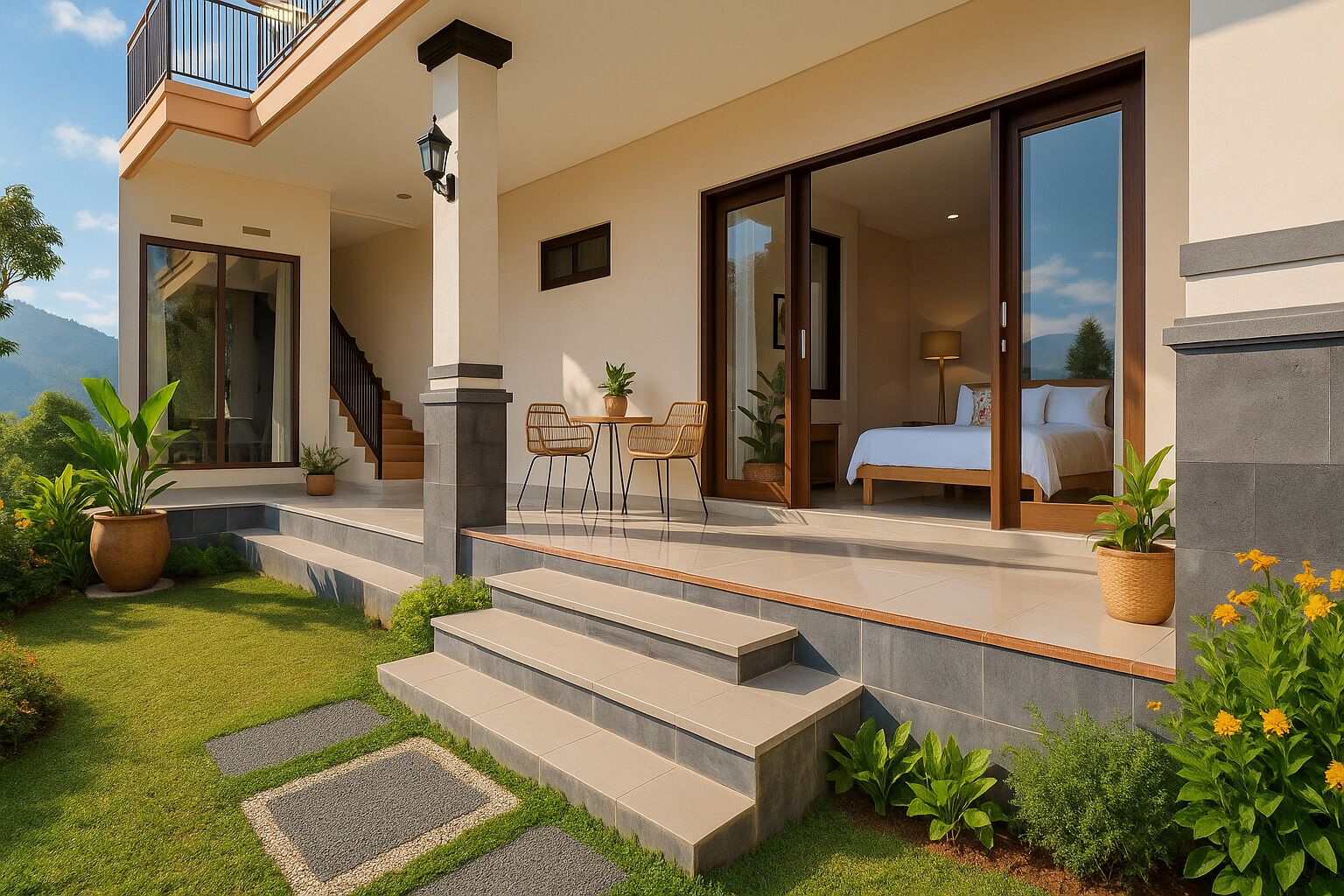 Una casa moderna con balcón, comedor y dormitorio con un ventanal grande.