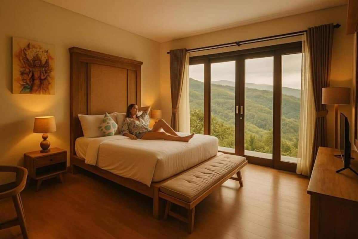 A bedroom with a large bed, a bench, a desk, and a view of the outdoors.