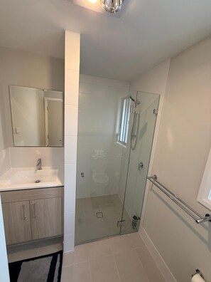 Une salle de bain moderne avec une douche à parois de verre, un lavabo avec un miroir et des meubles en bois.