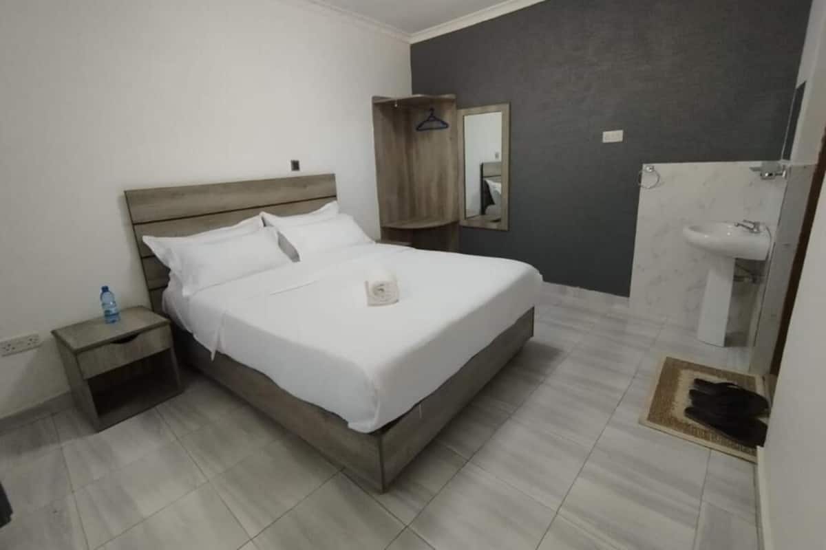 Habitación de hotel con cama, mesita de noche, espejo, perchero y baño con lavamanos y ducha.