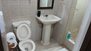 Baño con inodoro, lavamanos y espejo. Se ven rollos de papel higiénico y un cesto de basura.