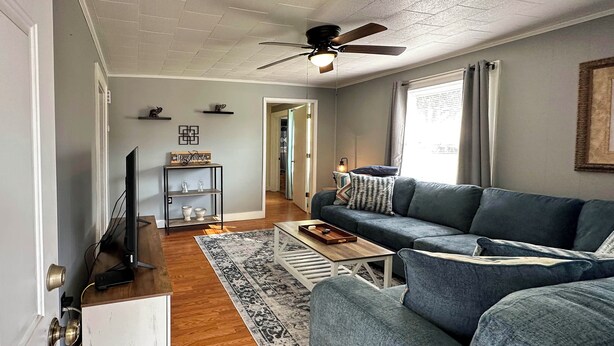 A living room with a sofa, a coffee table, a TV, and a ceiling fan. - 'The Vineyard House' - 2 Mi to Dtwn Mount Airy! (Mt Airy)