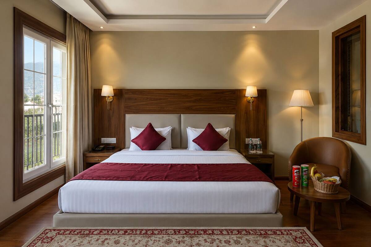 A hotel room with a large bed, two bedside lamps, a nightstand with a phone, a chair with a basket of fruit, and a view of the outdoors through a window.