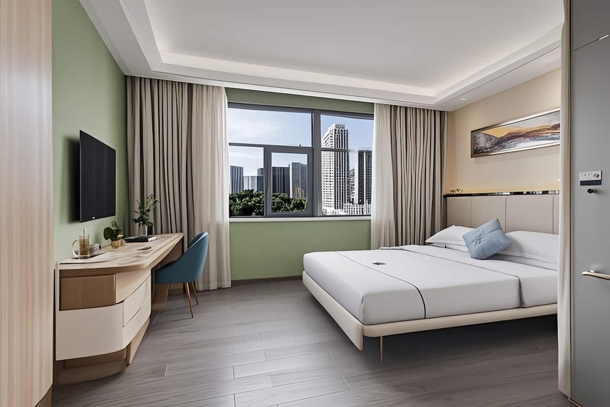 Desk, laptop workspace, blackout drapes, soundproofing