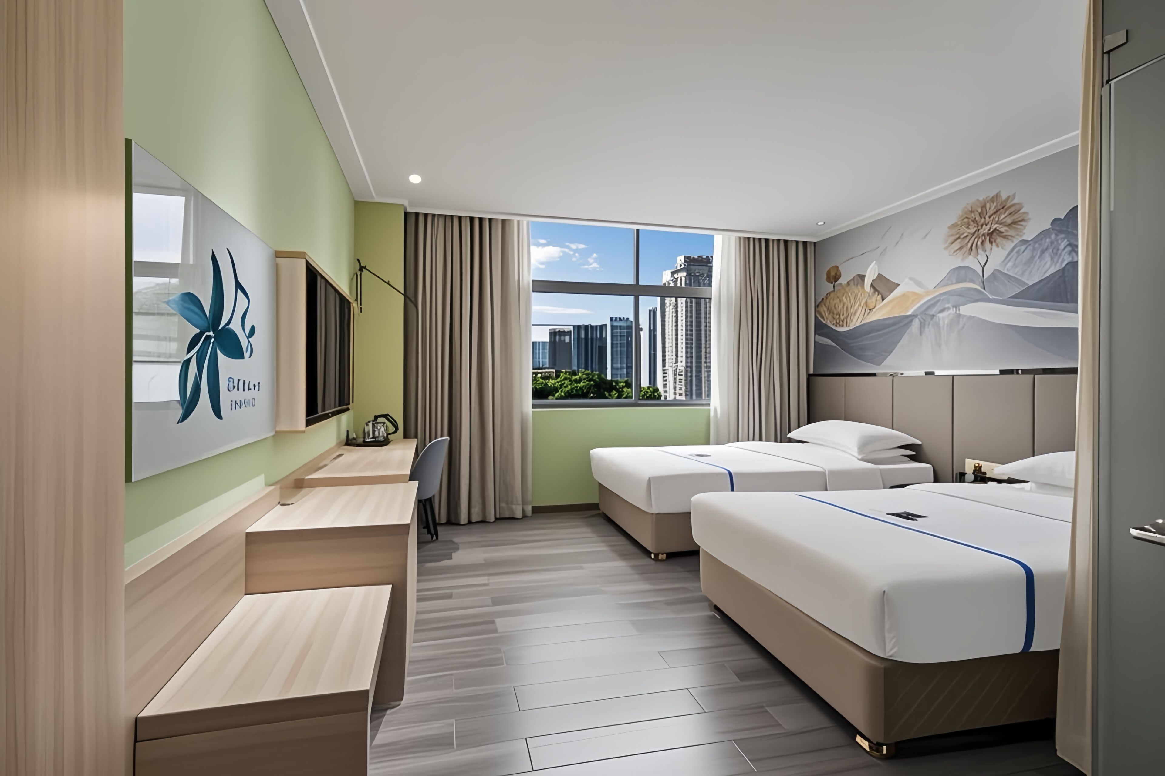 Desk, laptop workspace, blackout drapes, soundproofing