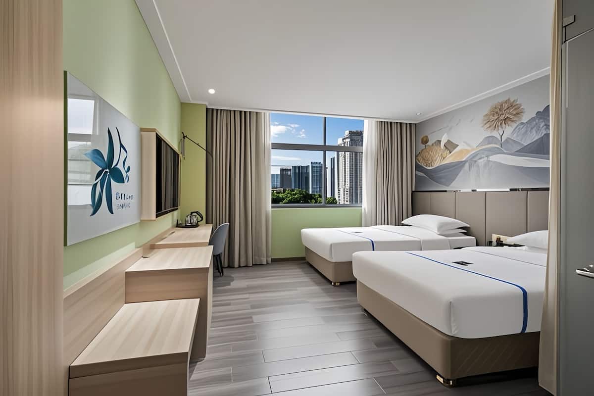 Desk, laptop workspace, blackout drapes, soundproofing