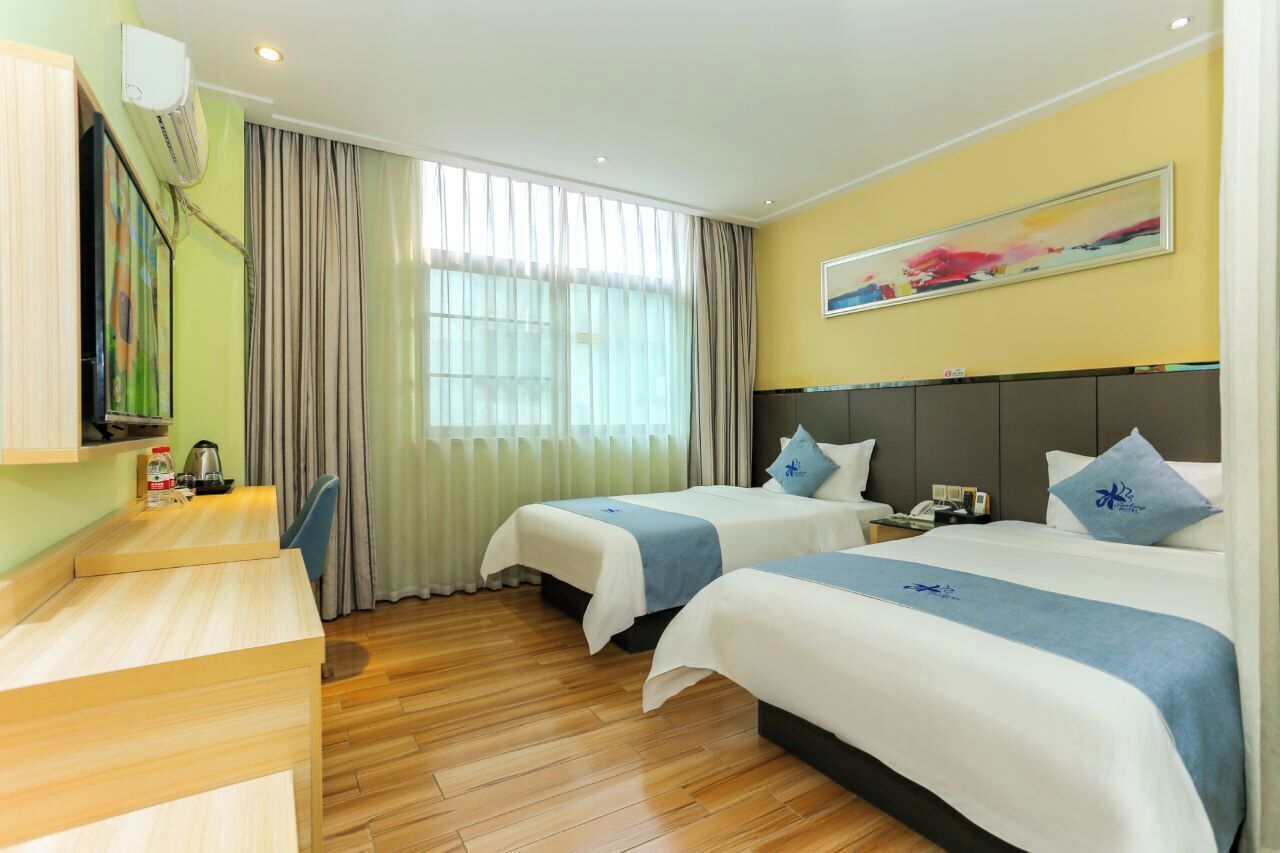 Desk, laptop workspace, blackout drapes, soundproofing