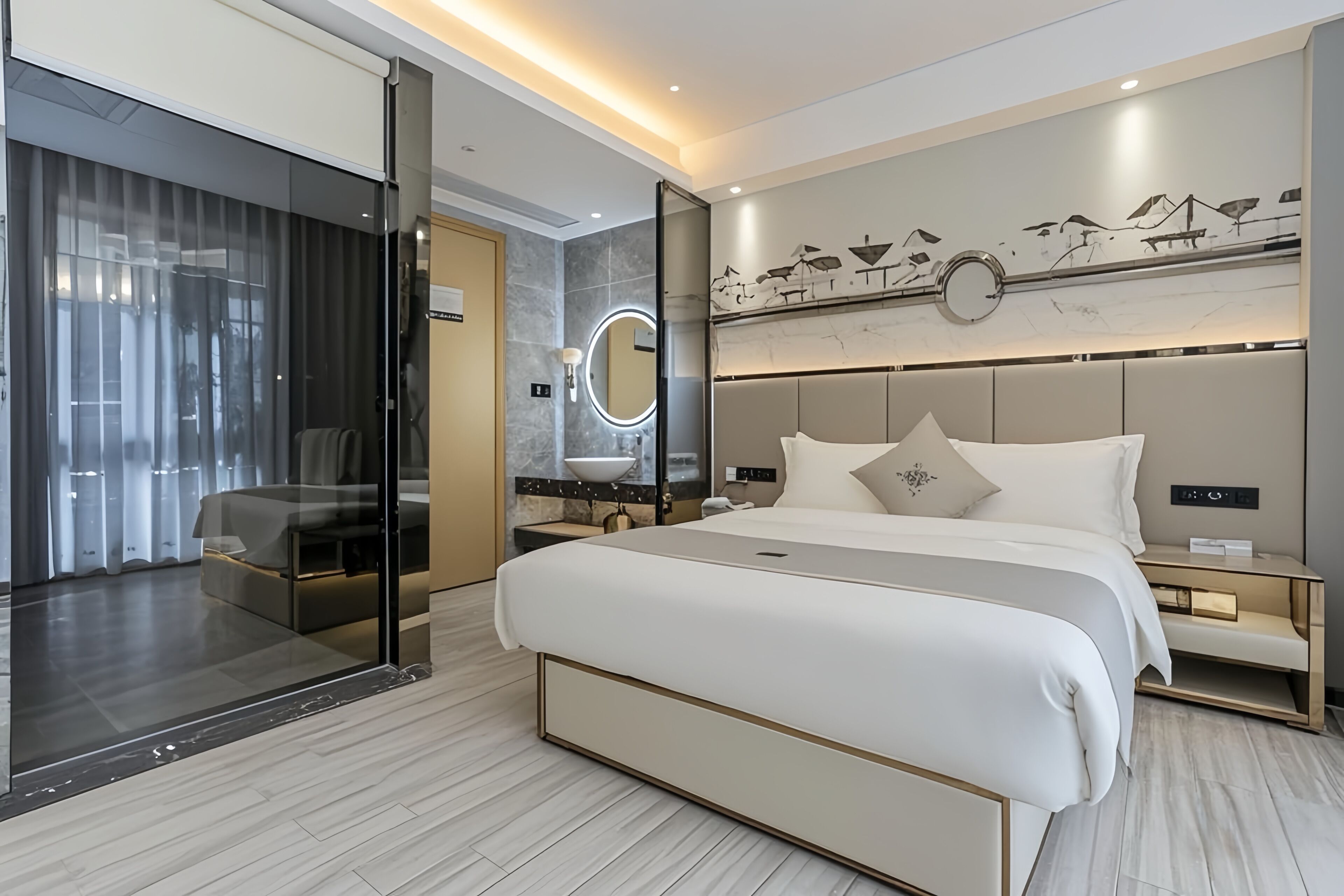 Desk, laptop workspace, blackout drapes, soundproofing