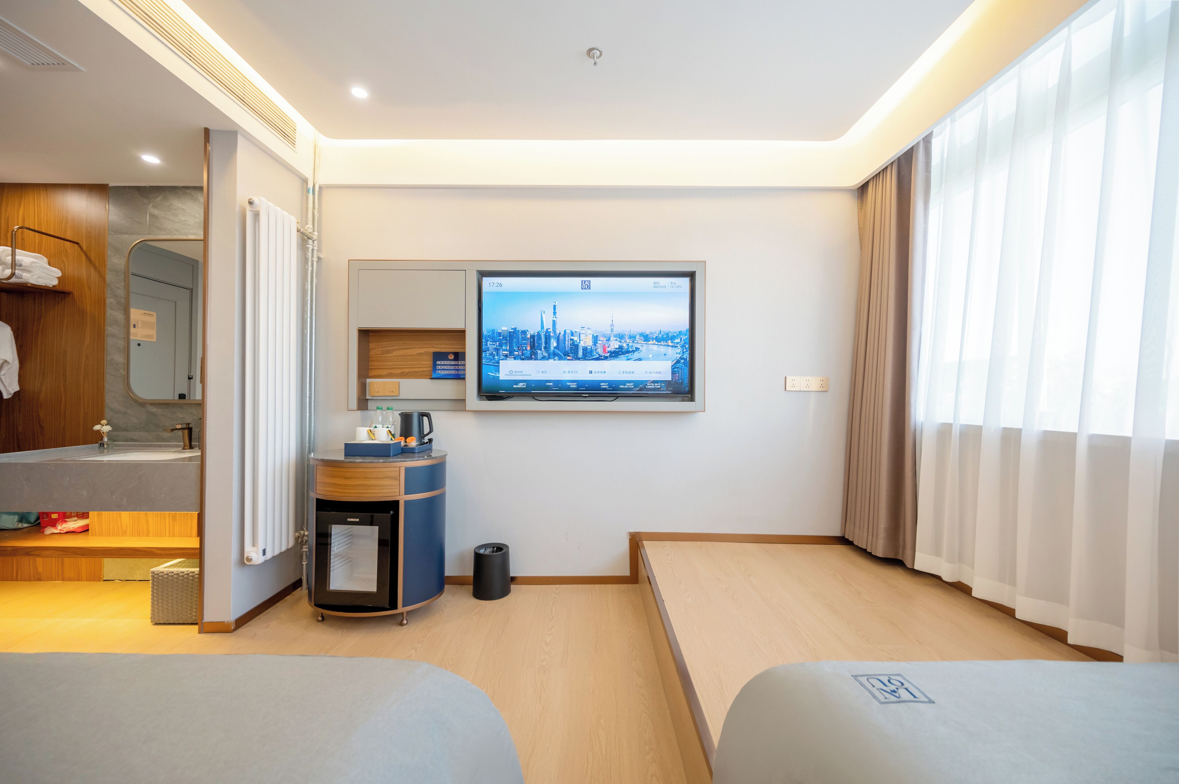 Desk, laptop workspace, blackout curtains, soundproofing