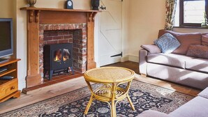 Un salon avec une cheminée, un canapé, un téléviseur et un fauteuil en osier.