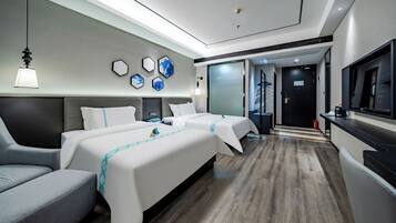 Desk, laptop workspace, blackout drapes, soundproofing